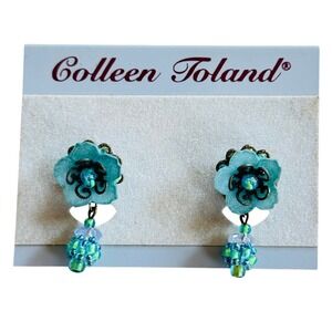 Colleen Toland Earrings Statement pastel blue flower Dangle Pierced Floral Glass